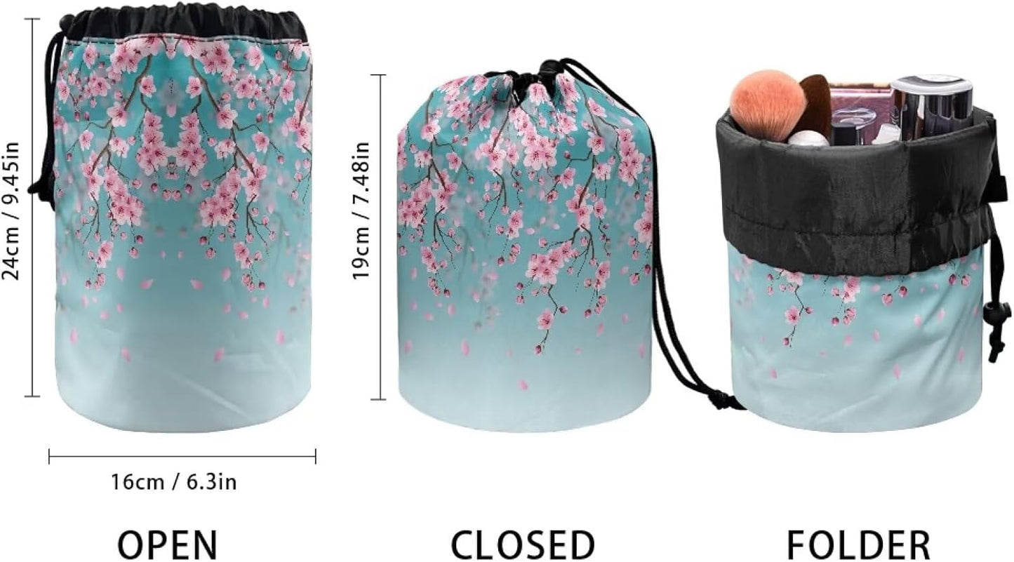 Peach Blossom Blue Cosmetic Bag for Women - Portable Drawstring Makeup Organizer | Collapsible Toiletry Storage