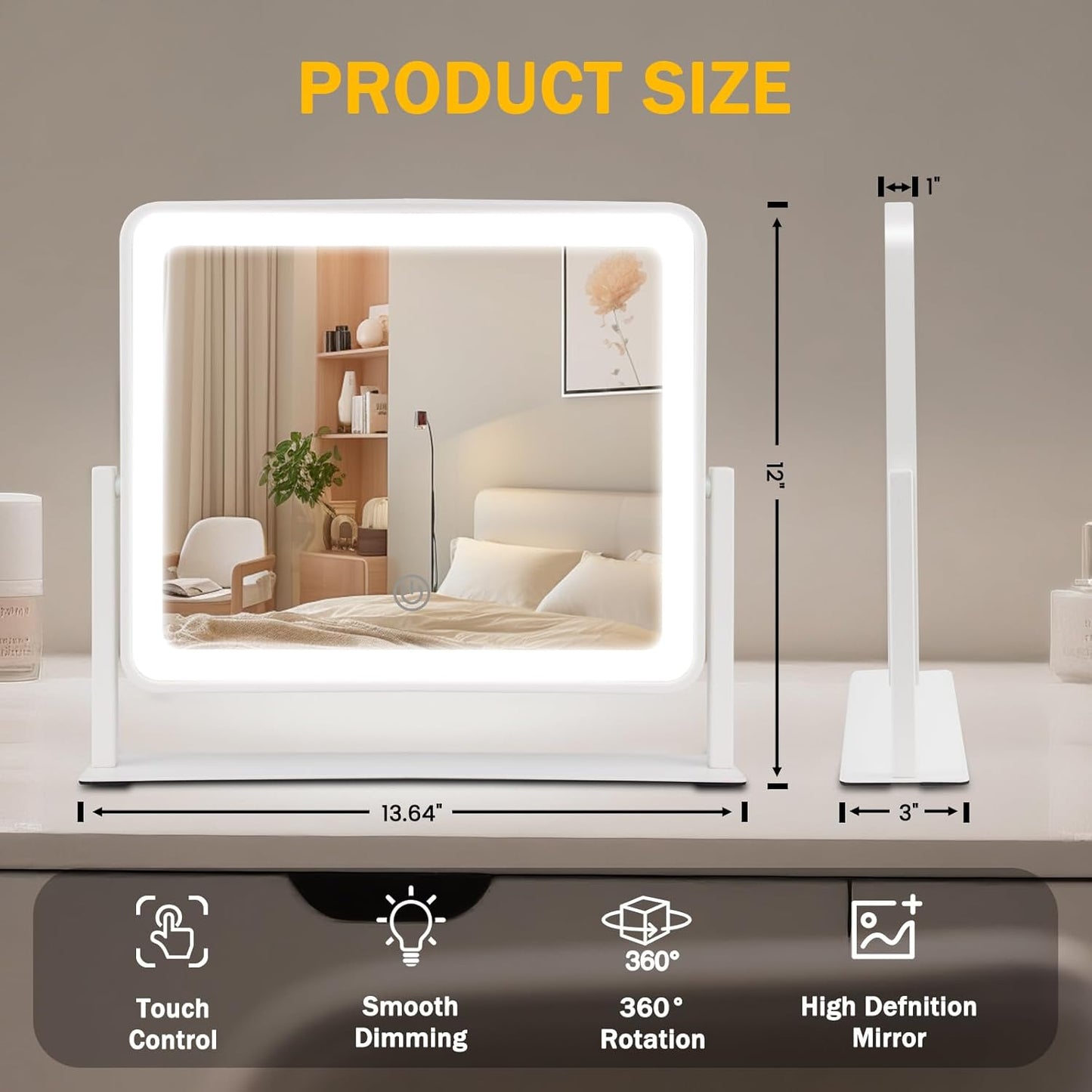 LED Makeup Mirror with Lights - 14"×12" HD Vanity Mirror | Smart Touch, 3-Color Lighting, Dimmable, 360° Rotation, White