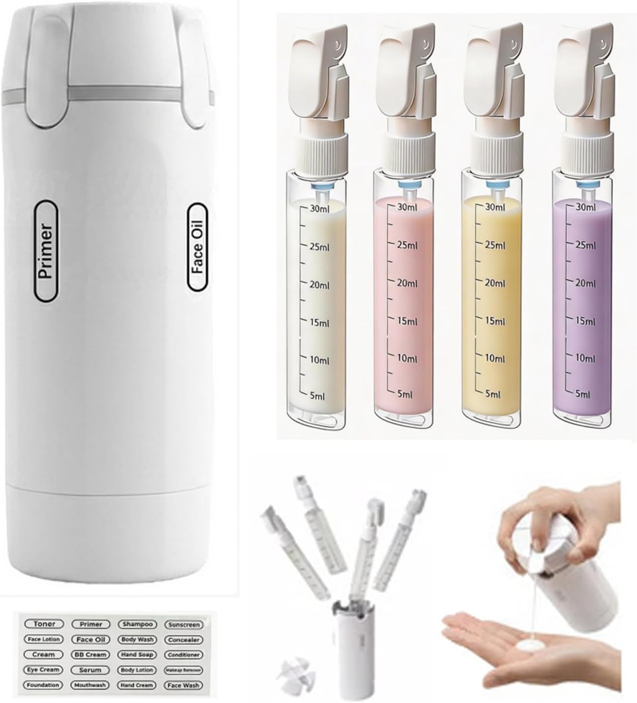 Travel Dispenser Bottle Set - 4 Pack 30ML Leak Proof Toiletry Containers | White, One Size