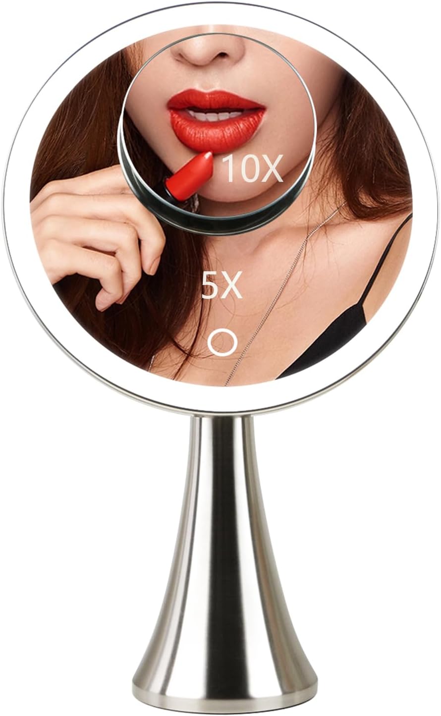 Lighted Makeup Mirror - 9-Inch Dual Magnifying 5x/10x | Adjustable Brightness, 360° Rotation, Rechargeable