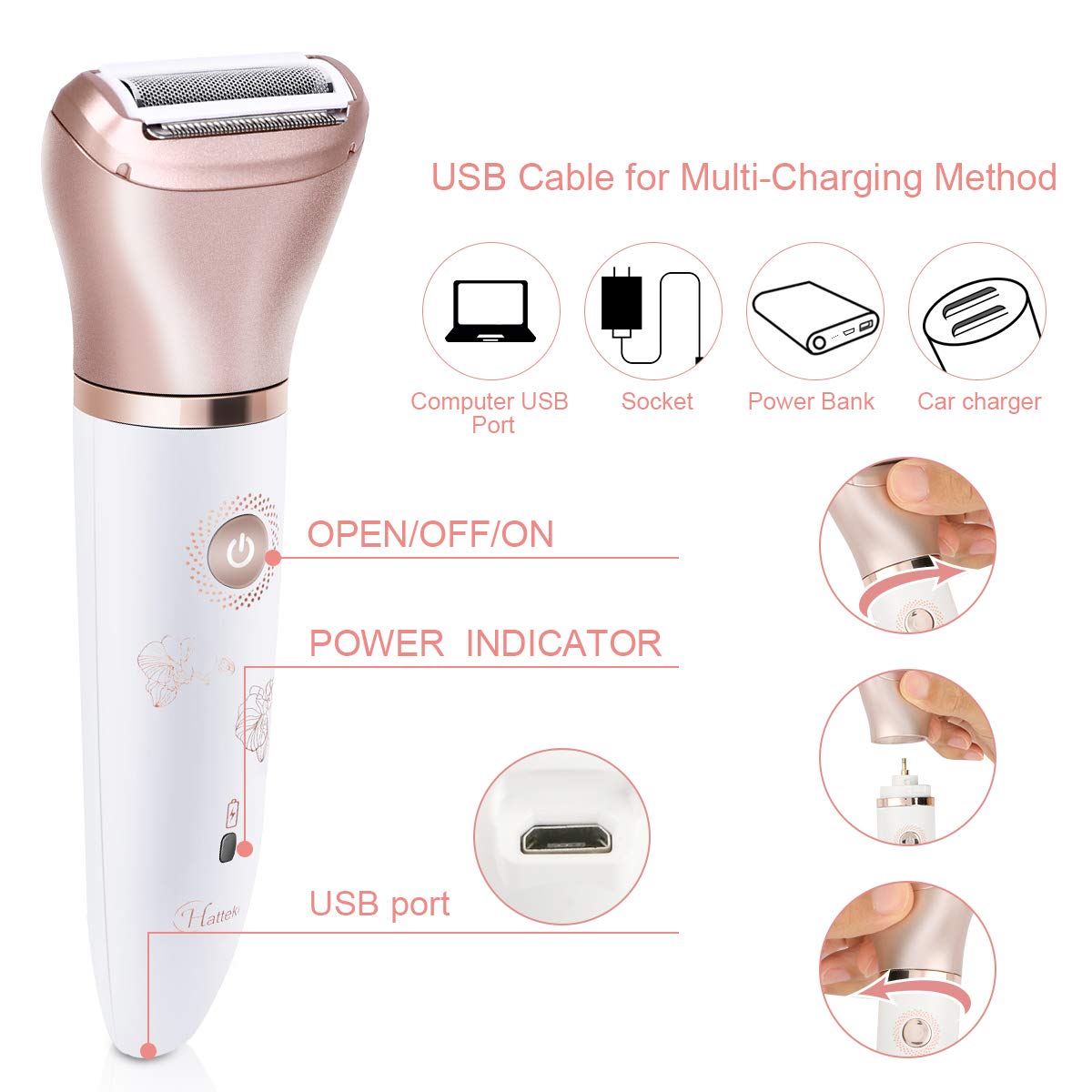 Electric Razors for Women - Painless 2-in-1 Shaver for Women Hair Remover for Face, Legs and Underarm Wet & Dry, Portable Bikini Trimmer, Lady Hair Removal with 2 Trimmer Heads- Micro USB Recharge