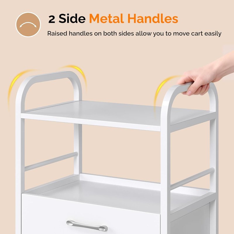 OmySalon Salon Trolley Cart - Mobile Esthetician Storage Station with Drawer & Tray | Lockable Wheels, White