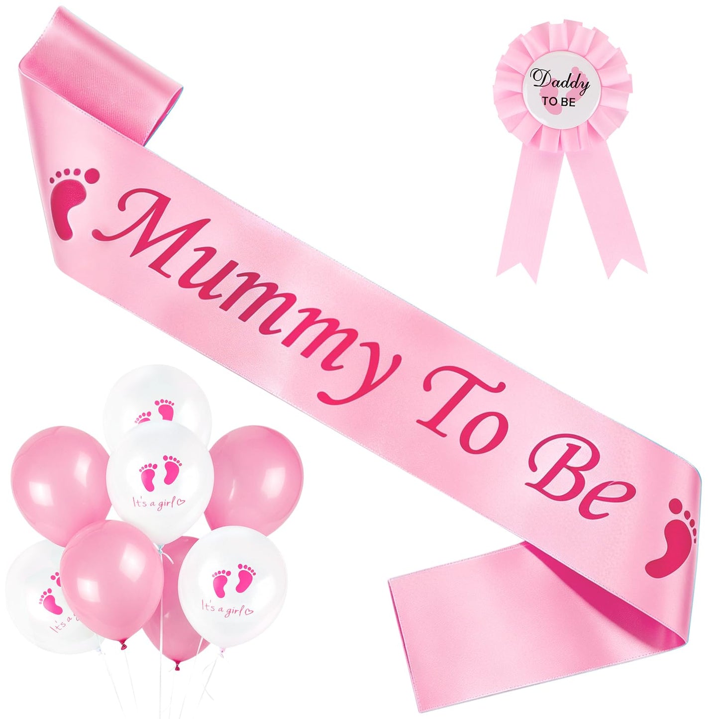 BRIOYHA Mommy to Be Sash and Daddy to Be Badge Set, Pink Baby Shower Decorations with Latex Balloons, Gender Reveal Party Favors Accessories