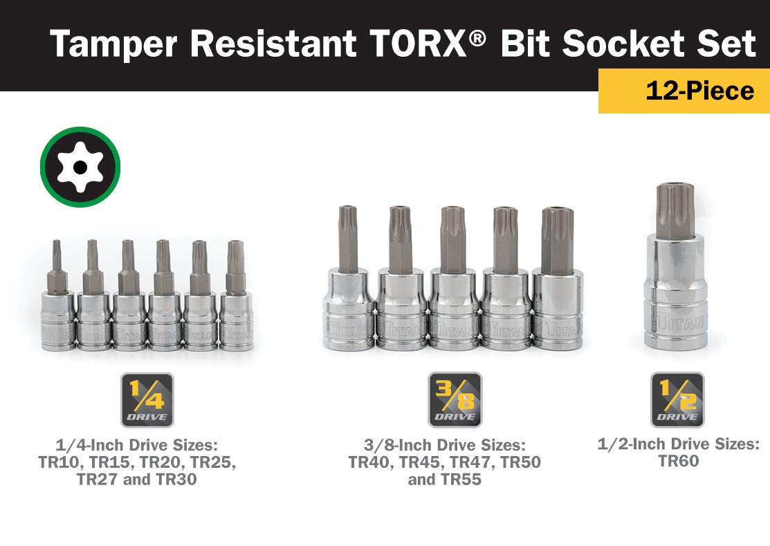 Titan 16121 12-Piece Tamper Resistant Torx Bit Socket Set, Magnetic Socket Organizer with Laser-Etched Size Markings