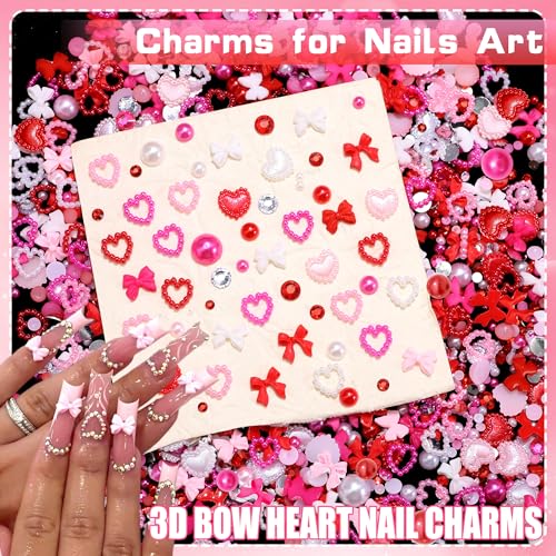 Valentine's Day Nail Art Charms Set with Heart & Bow Rhinestones for DIY Crafts