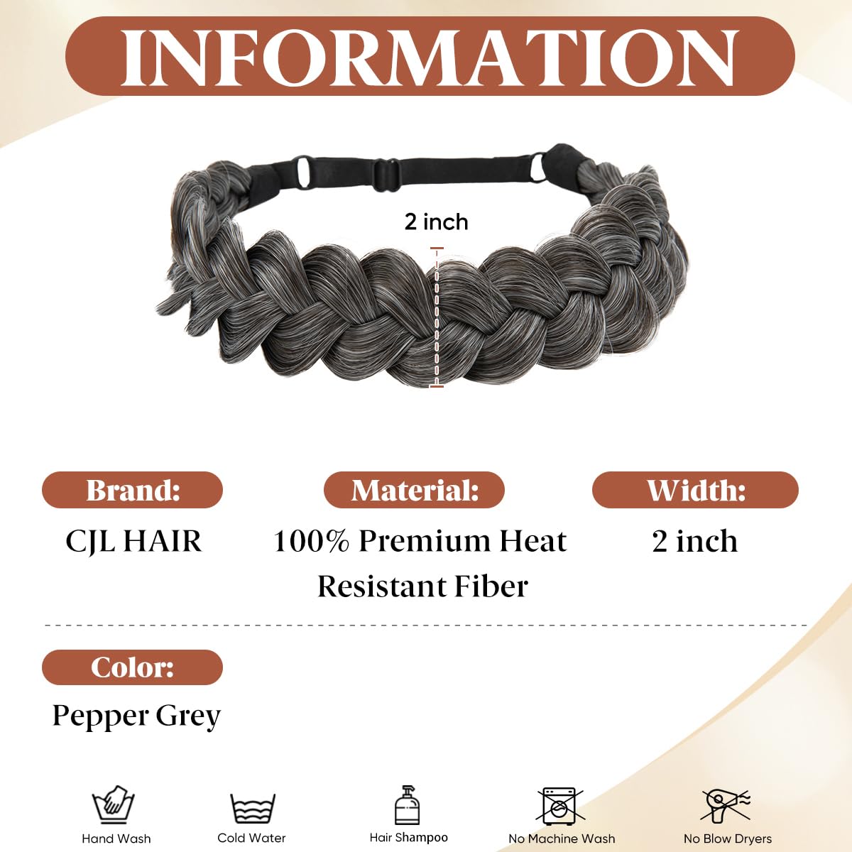 Wide Elastic Braided Headbands for Women - Adjustable Synthetic Hair Hairpiece | Pepper Grey