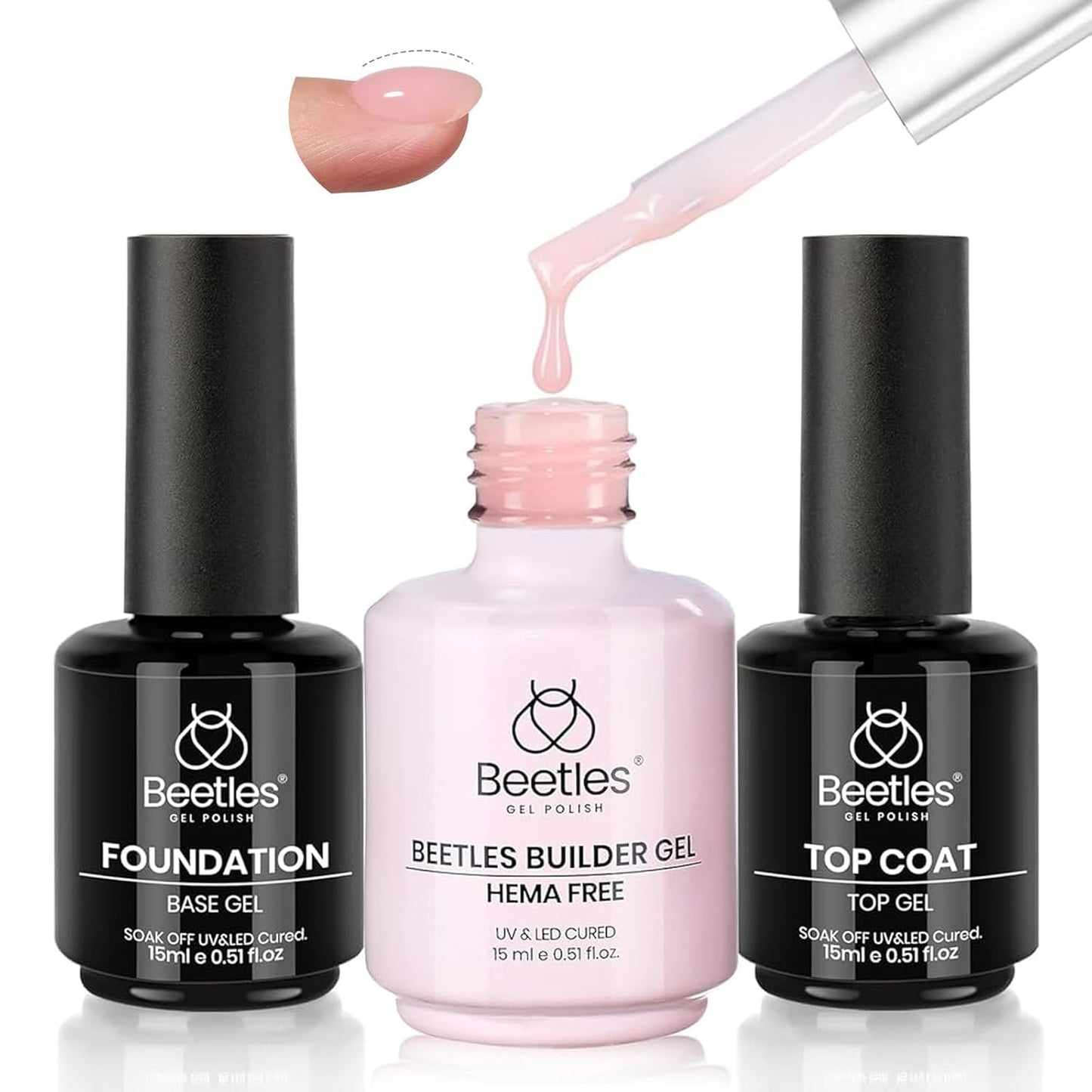 Beetles Gel Polish Set - 3 Pcs No Wipe Top & Base Coat | Long-Lasting Milky Pink 15ml Jelly Gel for Women