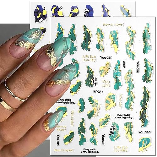Jaliya Gold 3D Marble Nail Stickers - Blooming Watercolor Decals, Self-Adhesive, Water & Smudge Resistant