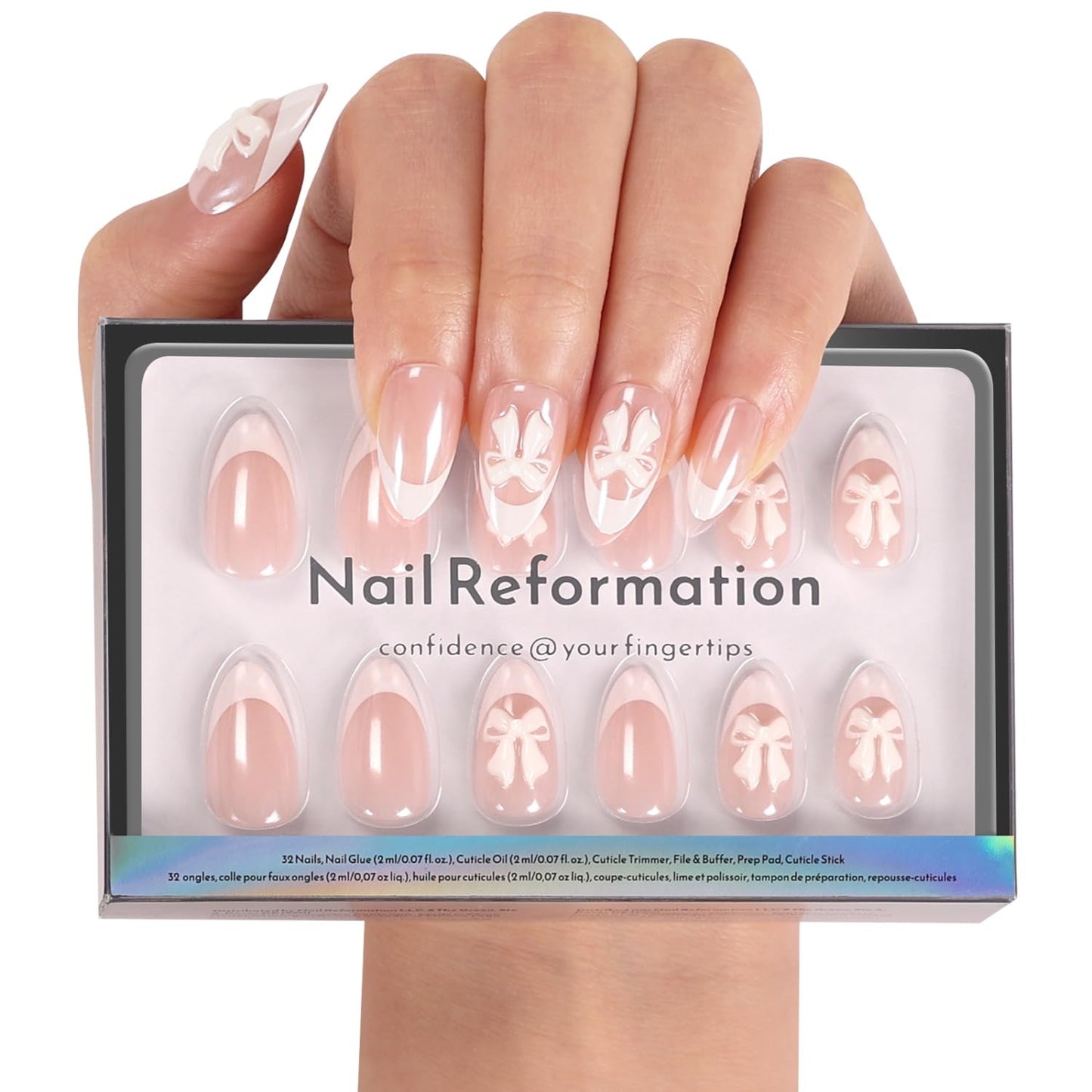 Press On Nails - Strawberry Seed Milky Pink Almond Fake Nails with Red Polka Dot French Tip | Glossy Reusable 32 Pcs in 16 Sizes - Perfect Manicure Gifts for Women