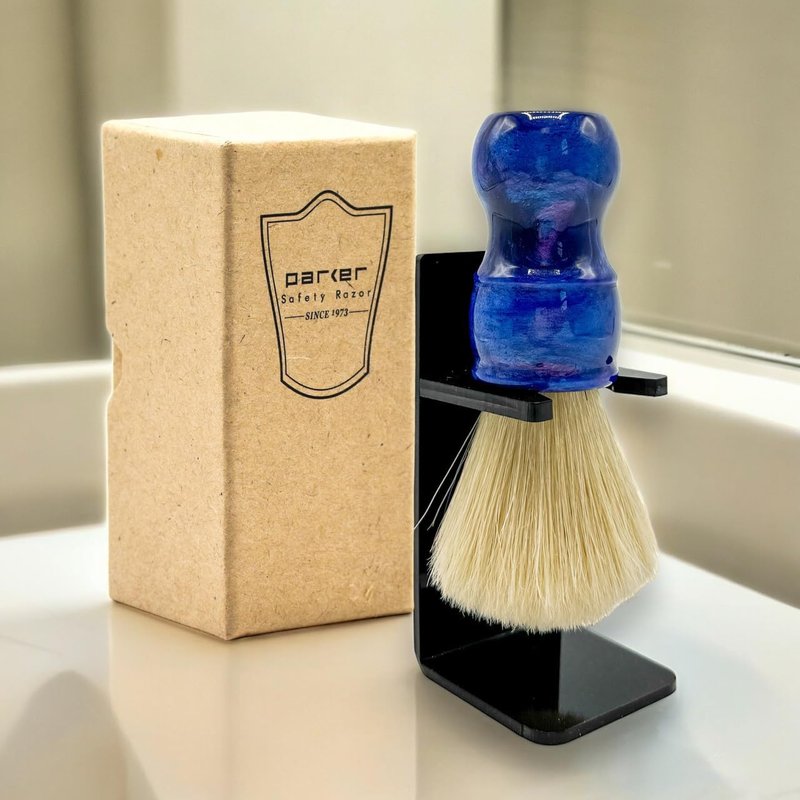 Parker Safety Razor, THE BIG BLUE BOAR, Deluxe Iridescent BlueHandle 100% Boar Bristle Shaving Brush, Large 24 MM Brush knot for a Better Lather! Shave Stand Included