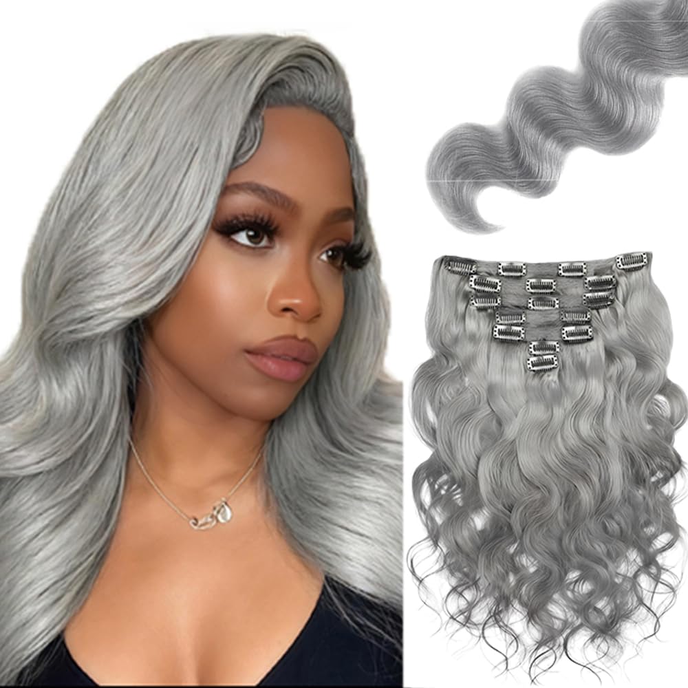 Grey Clip in Hair Extensions Real Human Hair, 20 Inch 120g/7Pcs,Full Shine Remy Human Hair,Gray Body Wave Clip ins Brazilian Virgin Human Hair Extensions