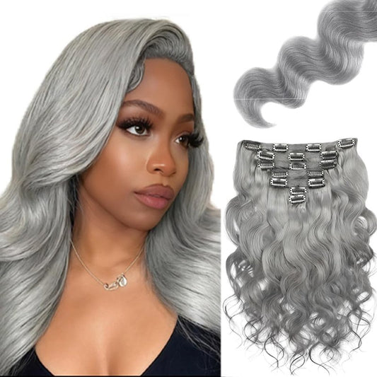 Grey Clip in Hair Extensions Real Human Hair, 20 Inch 120g/7Pcs,Full Shine Remy Human Hair,Gray Body Wave Clip ins Brazilian Virgin Human Hair Extensions