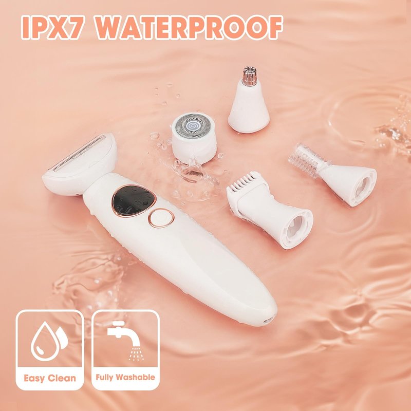 5 in 1 Bikini Trimmer for Women,IPX7 Waterproof Cordless Replaceable Pubic,Eyebrow,Facial Electric Razors&Nose Hair Trimmer&Painless Body Shaver for Arms Legs Underarms,USB Charge,LED Display,Wet&Dry