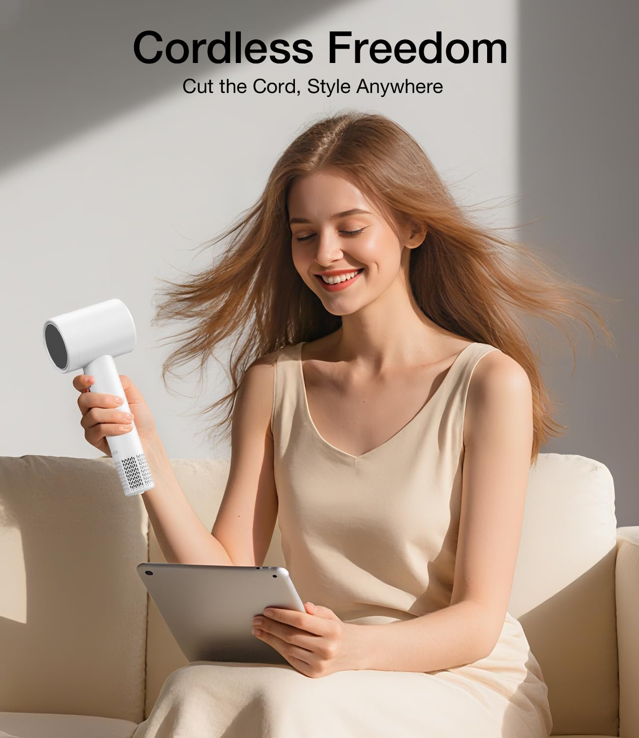 YALICE Cordless Hair Dryer Rechargeable with Digital Screen, 15000mAh Travel Hair Dryer with Magnetic Nozzle, 4 Mode Portable Hair Blow Dryers for Women Kids Outdoor Camping Beaches, White