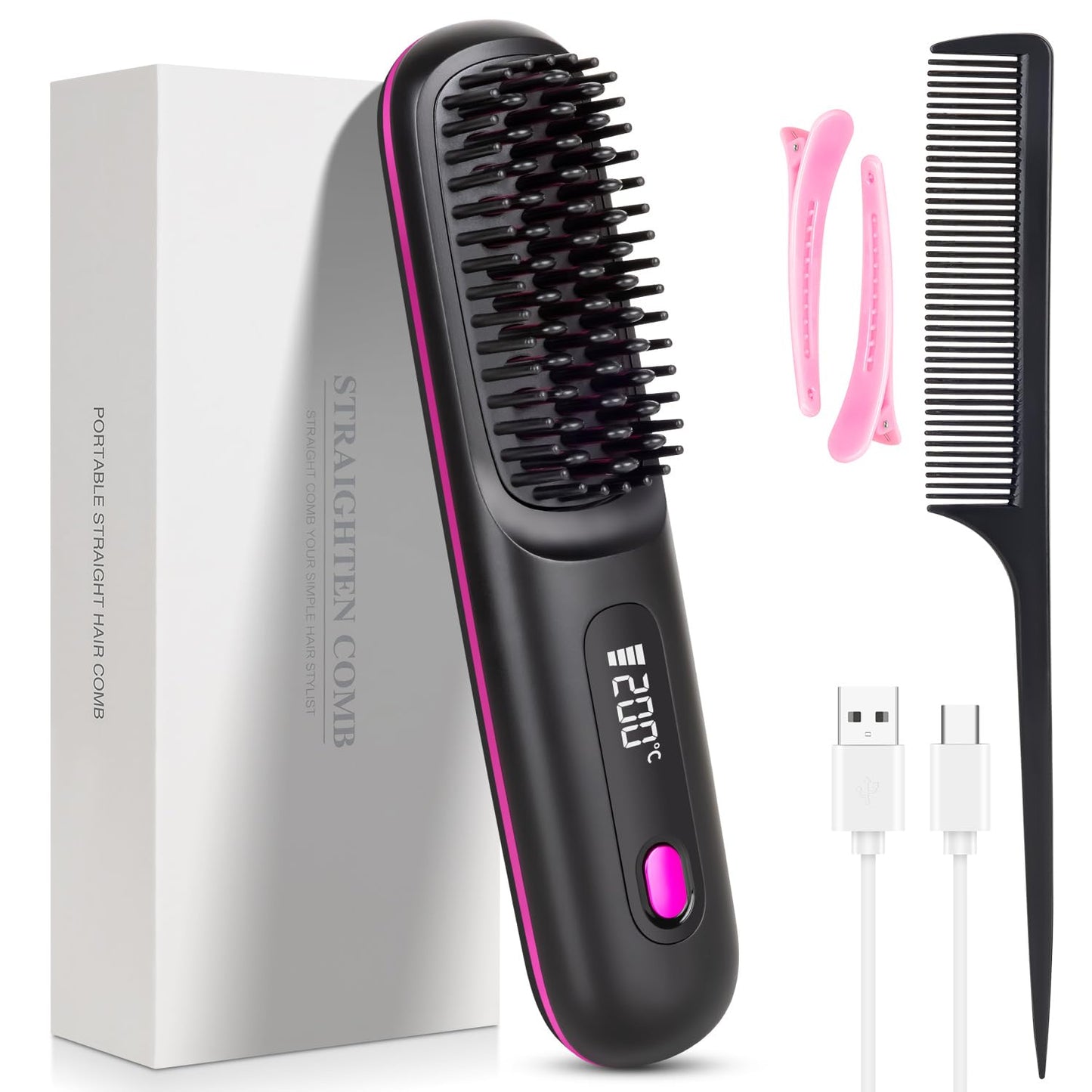 Go Brush Pro,2026 New Cordless Straight Hair Brush, Portable Scald-Proof mini Straight Hair Comb with Three Temperature Settings and LED Display Screen, Quickly Heating Travel Hair Brush (light black)