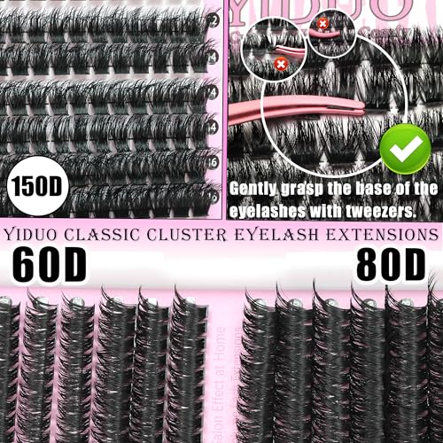 YIDUO 4 Styles Lash Clusters Kit 60D+80D+100D+150D Volume Clusters Lashes Extensions Kit with 2 X Bond and Seal 10-18mm Wispy D Curvature Full Individual Eyelash Extensions Kit DIY at Home Easily