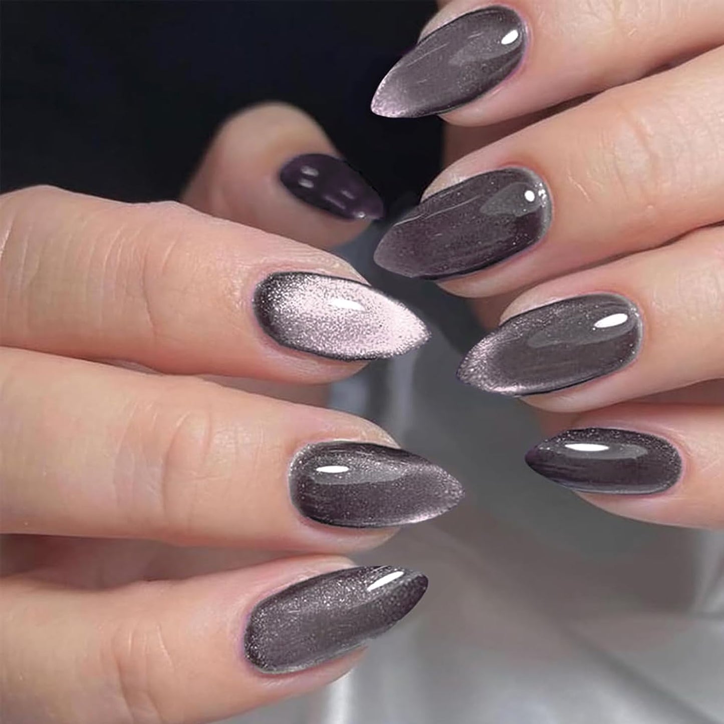 Dark Purple Magnet Cat Eyes Press-On Nails - Short Almond Shape | Handmade Jelly Gel Kit with Ombre Glitter