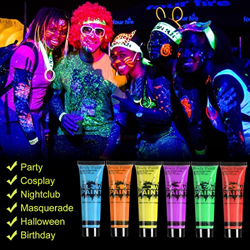 Glow in the Dark Body Paint Set - 6 Neon Colors for UV Use