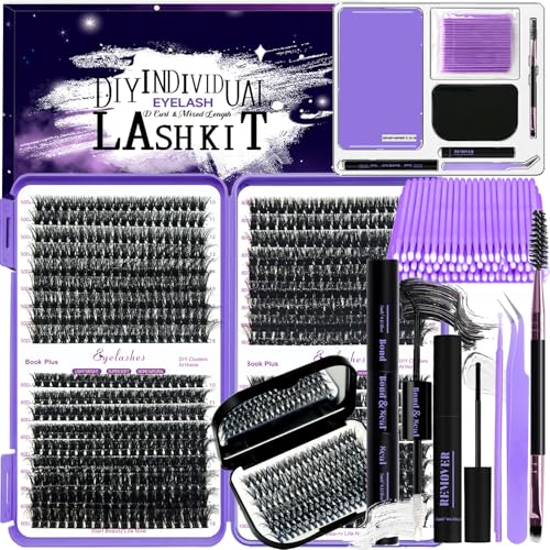 DNSGOOR DIY Lash Extension Kit 804Pcs - D Curl with Bond & Seal, Remover, Tweezers & Storage Box