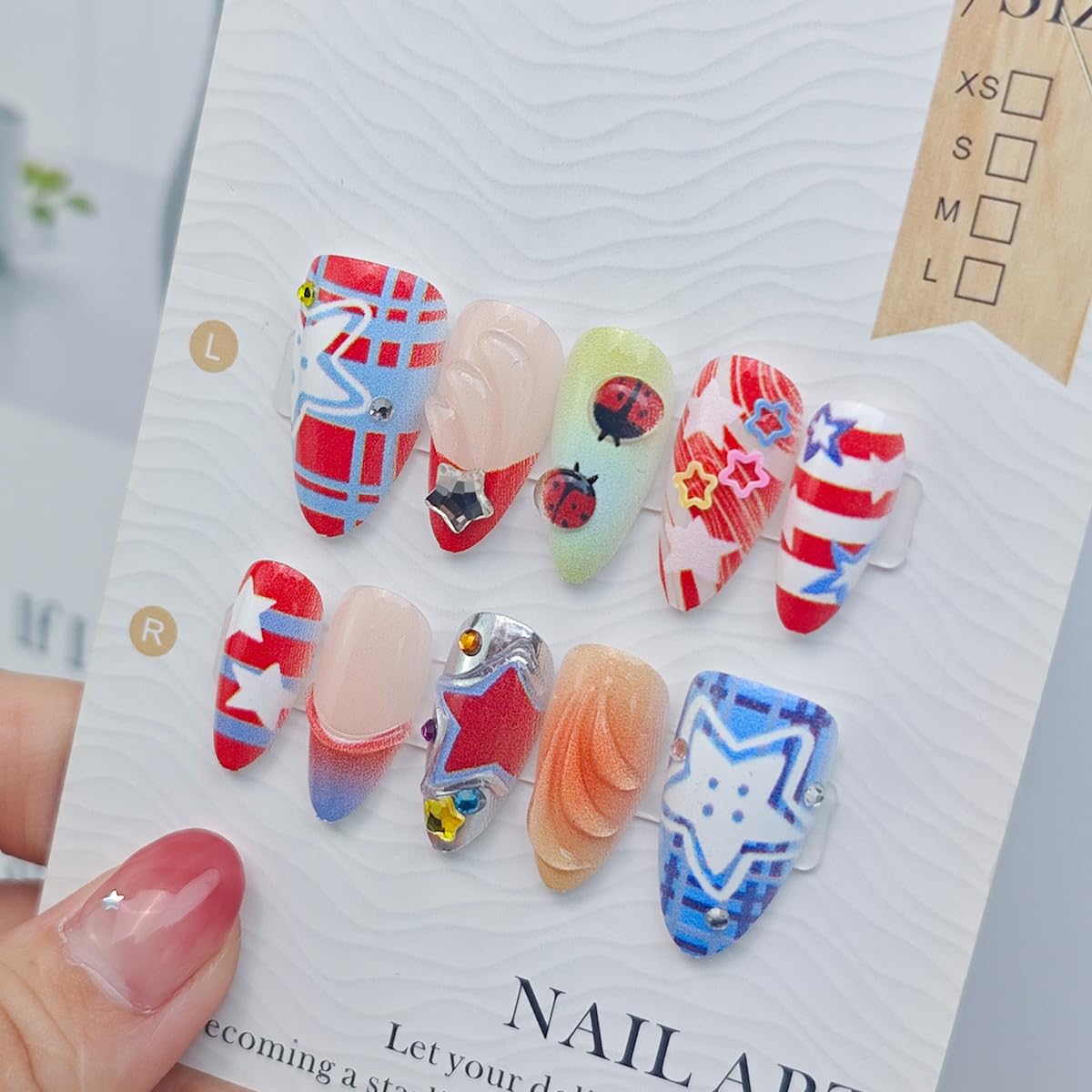 Press On Nails - 24Pcs Medium Almond French Tip with American Flag | Patriotic Y2K Design for Independence Day