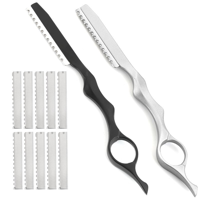 ZJO Hair Razor for Cutting Hair, 2 Pack Straight Edge Razor for Thinning and Texturizing with 10 Replacement Blades, Zinc & Aluminum Alloy Styling Tool for Home and Salon, Black & Silver