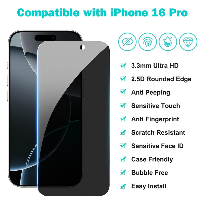 PEHAEL 3+3 Pack for iPhone 16 Pro Privacy Screen Protector with Camera Lens Protector Full Coverage Anti-Spy Tempered Glass Film 9H Hardness Easy Installation Bubble Free [6.3 inch]