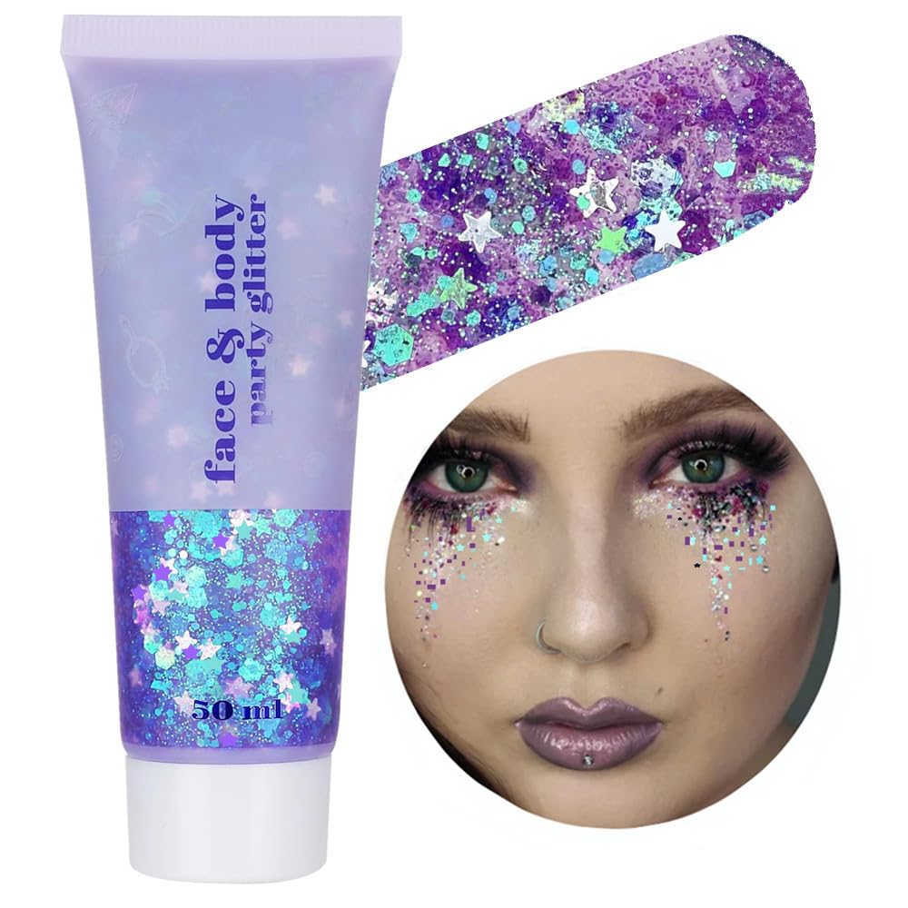 Go Ho Mermaid Purple Face Body Glitter Gel,Holographic Purple Hair Glitter for Kids&Women,Chunky Sequins Glitters for Eye Lip Nails,Festival Rave Hair Accessories