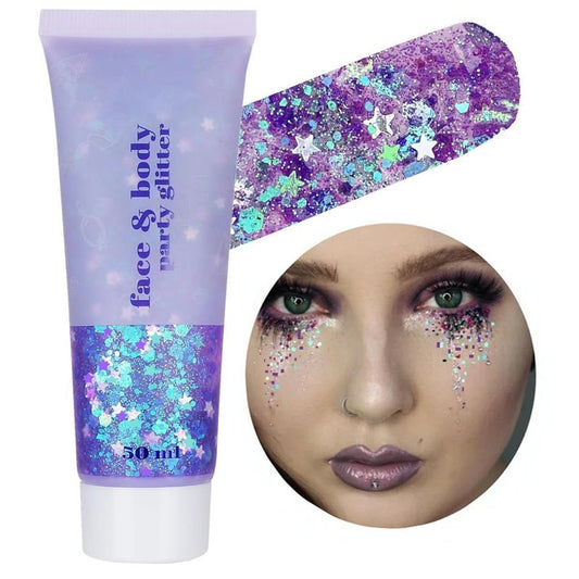 Go Ho Mermaid Purple Face Body Glitter Gel,Holographic Purple Hair Glitter for Kids&Women,Chunky Sequins Glitters for Eye Lip Nails,Festival Rave Hair Accessories