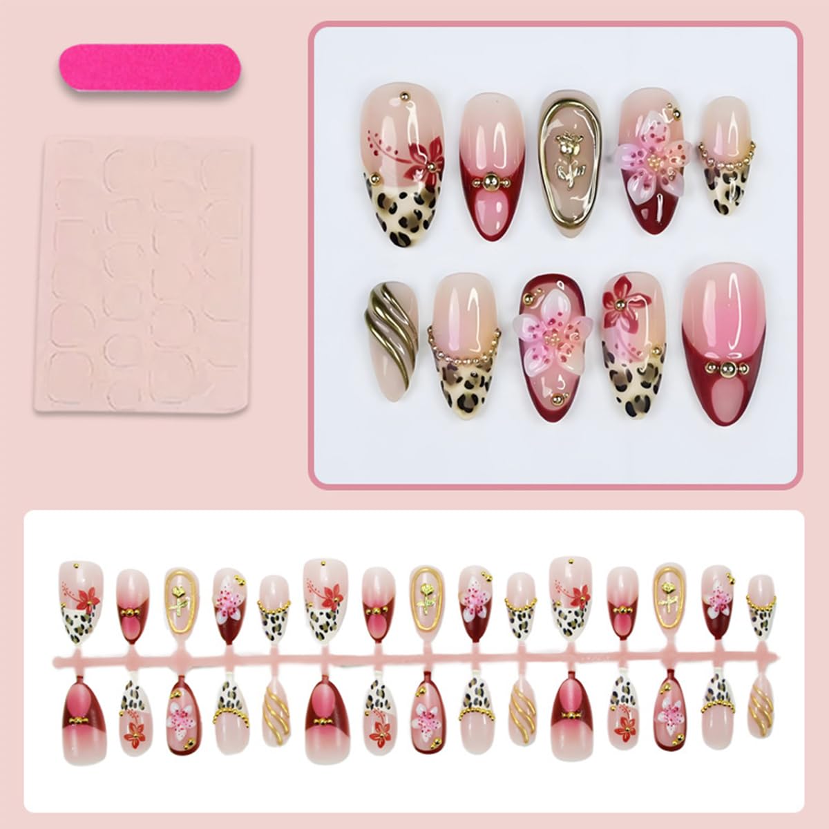 3D Press On Nails - Almond Medium Floral & Gold Bead Designs | Leopard Print French Tip, Glossy Acrylic, 30 Pcs