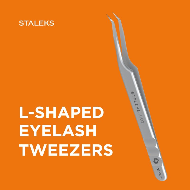 STALEKS PRO Expert 41 Type 8 Professional Eyelash Tweezers (Mini L-Shaped) – Stainless Steel for Classic & 2D-4D Volume Lash Extensions & Beginners