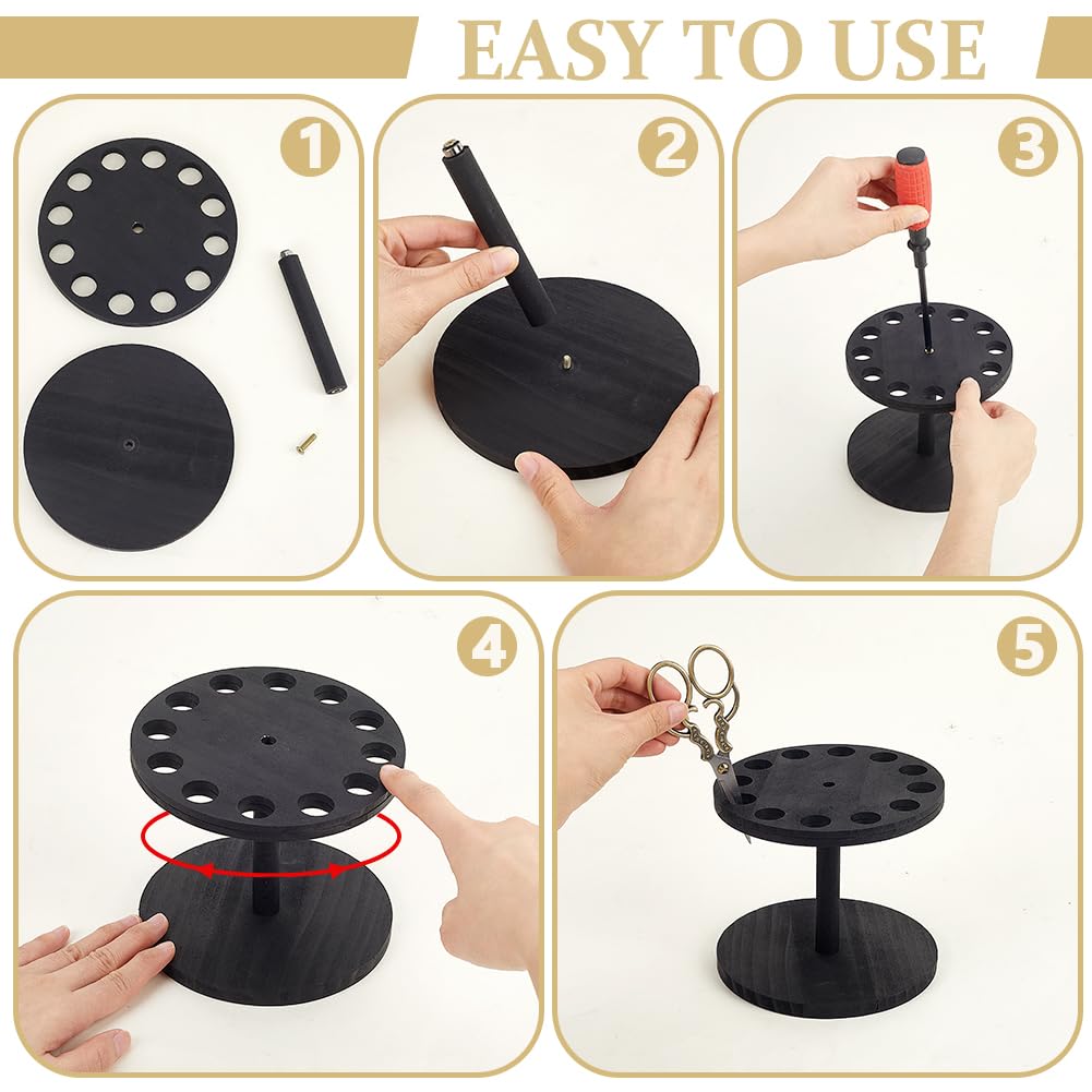 AHANDMAKER 12 Holes Rotating Scissor Holder 360° Wooden Barber Tool Organizer with 0.7in Diameter Hole Tool Storage for Salon Station Art Studio Decoration, Black