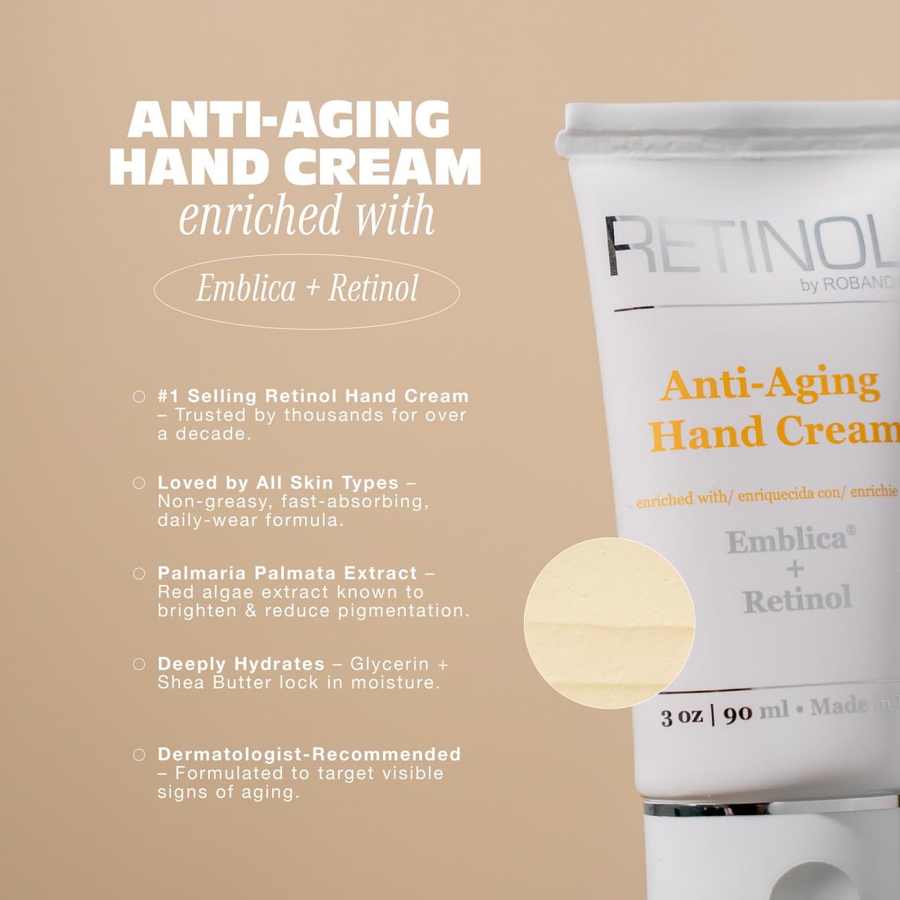Robanda Retinol Anti-Aging Hand Cream - Hydrating & Moisturizing Hand Lotion with Anti-Aging Formula to Help Prevent Wrinkles & Reduce Fine Lines, 3 oz