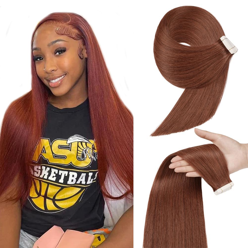 HuxoWax 24 Inch #33 Reddish Brown Tape In Human Hair Extensions Double Weft Straight Weave 10 Packs Total 40g Invisible Human Hair Tape In Extensions #33 Copper Red Color