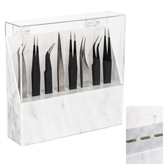 LXIANGN 8 Holes Dust-proof Eyelash Tweezers Holder Case Acrylic Marble Tweezer Stand Display Organizer with Cover for Lash Extensions (white)