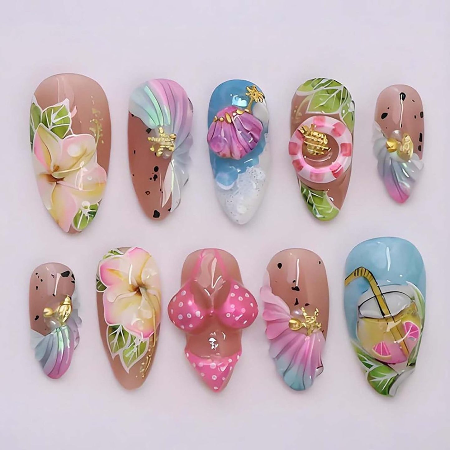 Press-On Nails - 24Pcs Medium Almond Beach Flower Design | Full Cover Acrylic with Shell & Starfish Rhinestones