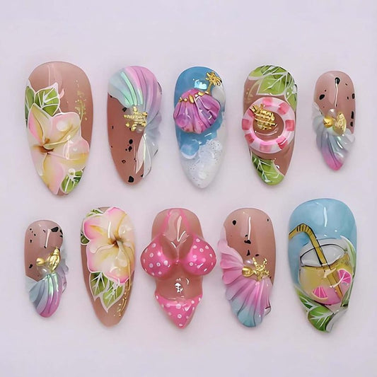 Press-On Nails - 24Pcs Medium Almond Beach Flower Design | Full Cover Acrylic with Shell & Starfish Rhinestones