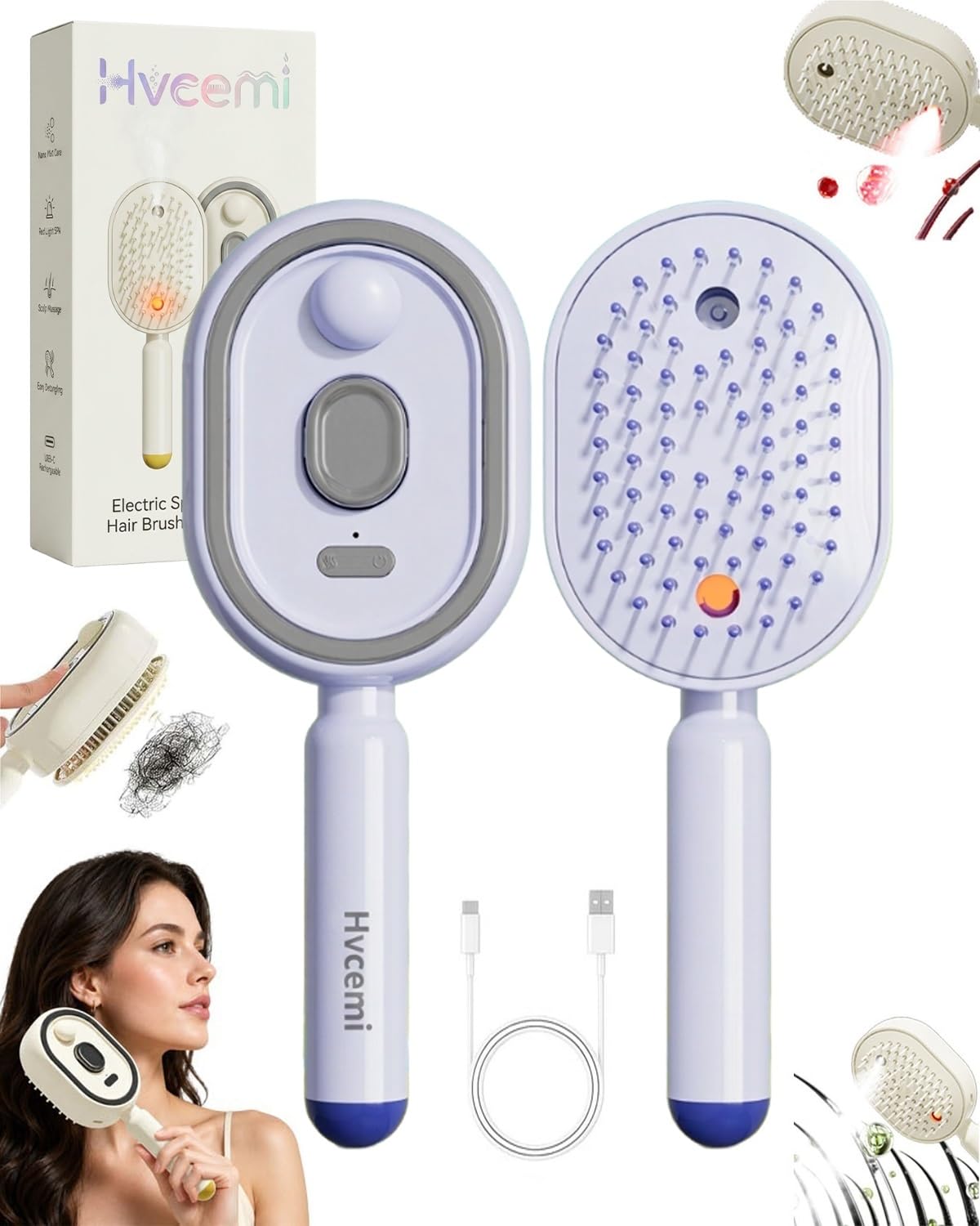 Electric Spray Air Cushion Massage Comb 5-in-1 Detangling Water Mist Hair Steam Brush for Dry Frizzy Hair Care Rechargeable Self-Cleaning Gloss Enhancing Brushes Steamer Home Spa Gift