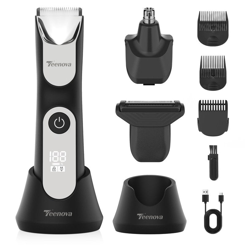 TEENOVA Manscape Body Hair Trimmer for Men, No Nick Pubic Bikini Trimmer for Women, 3 in 1 Versatile Groin Shaver with Nose Hair Trimmer, Cordless Dock Charging, LED Display, Wet/Dry Grommer (Silver)