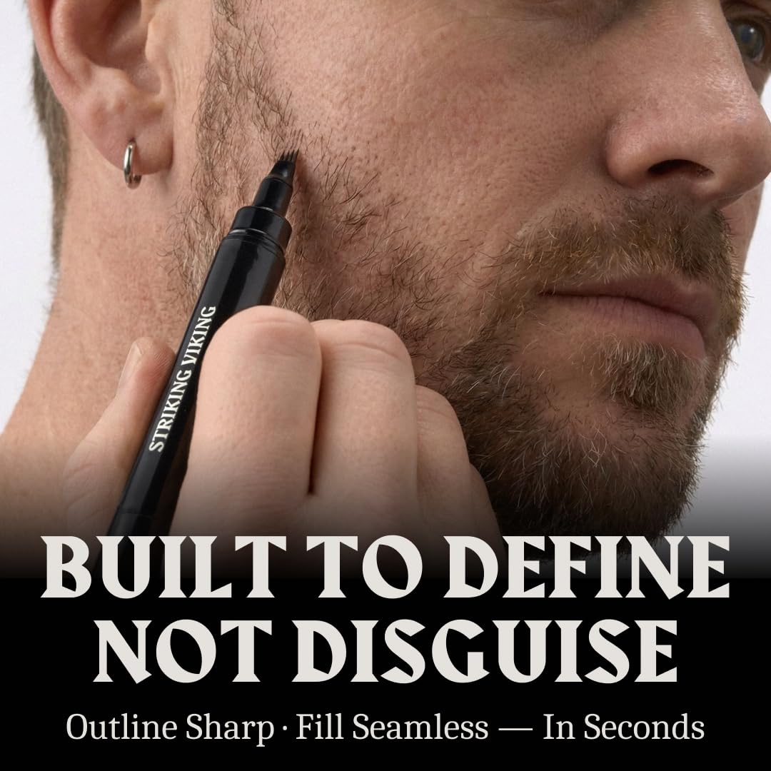 Striking Viking Beard Pencil Filler For Men - Grey Brown, 2 Pens Pack - Temporary Beard Dye - Waterproof Sweatproof Long Wear Beard Filler Pen for Touchups & Gap Contouring - Enhances Facial Hair
