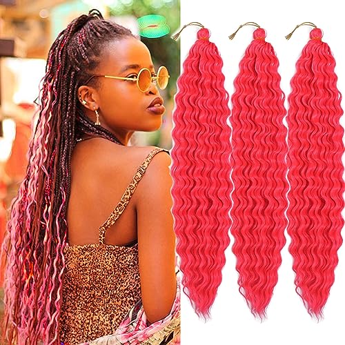 Paraglame 18-Inch Hot Pink Deep Wave Crochet Braiding Hair - 3 Pack