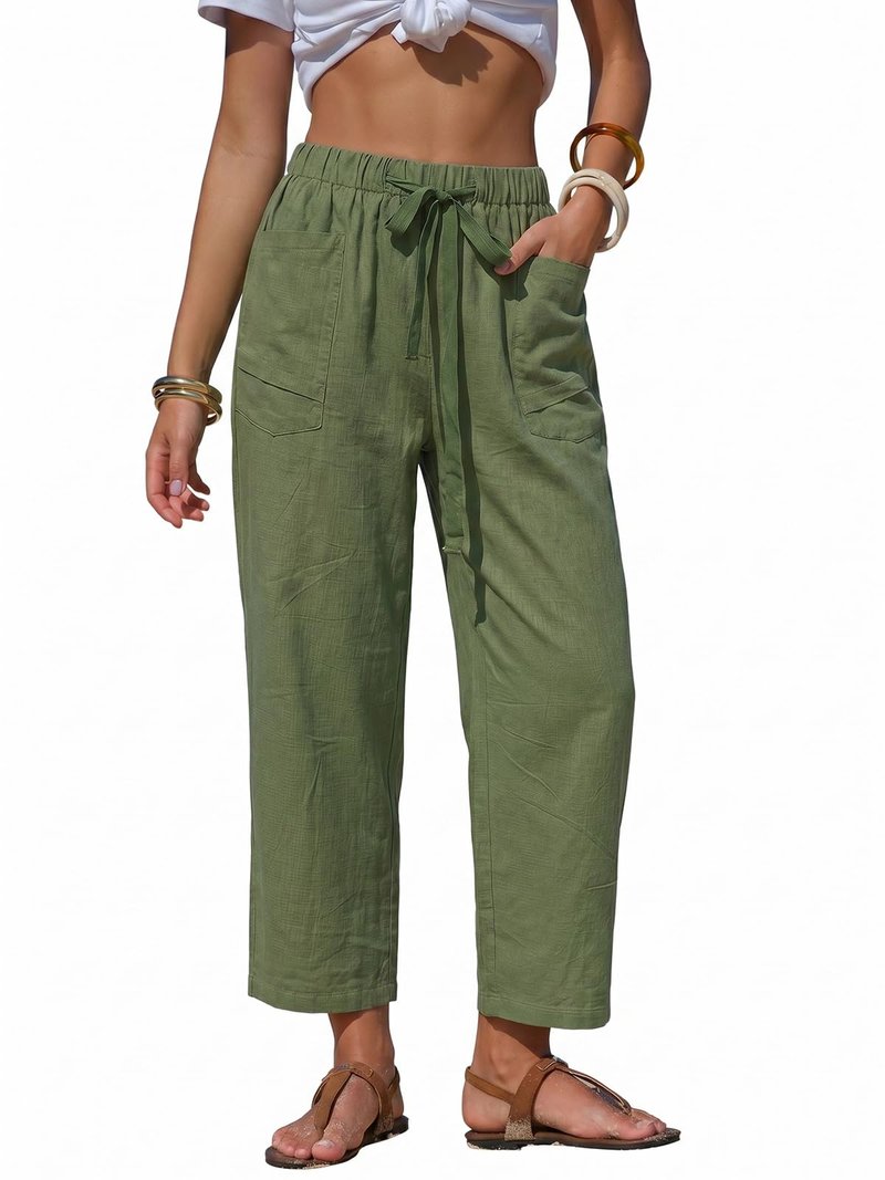EXLURA Womens Summer Faux Linen Striped Barrel Pants Comfy Drawstring Capri Pant with Pockets Beach Vacation Lounge Trousers