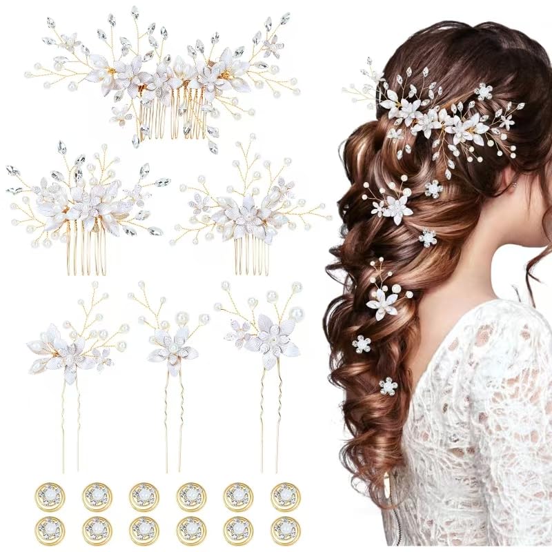 inSowni Gold Bridal Hair Comb Set with Rhinestones & Pearls - 18 Pieces