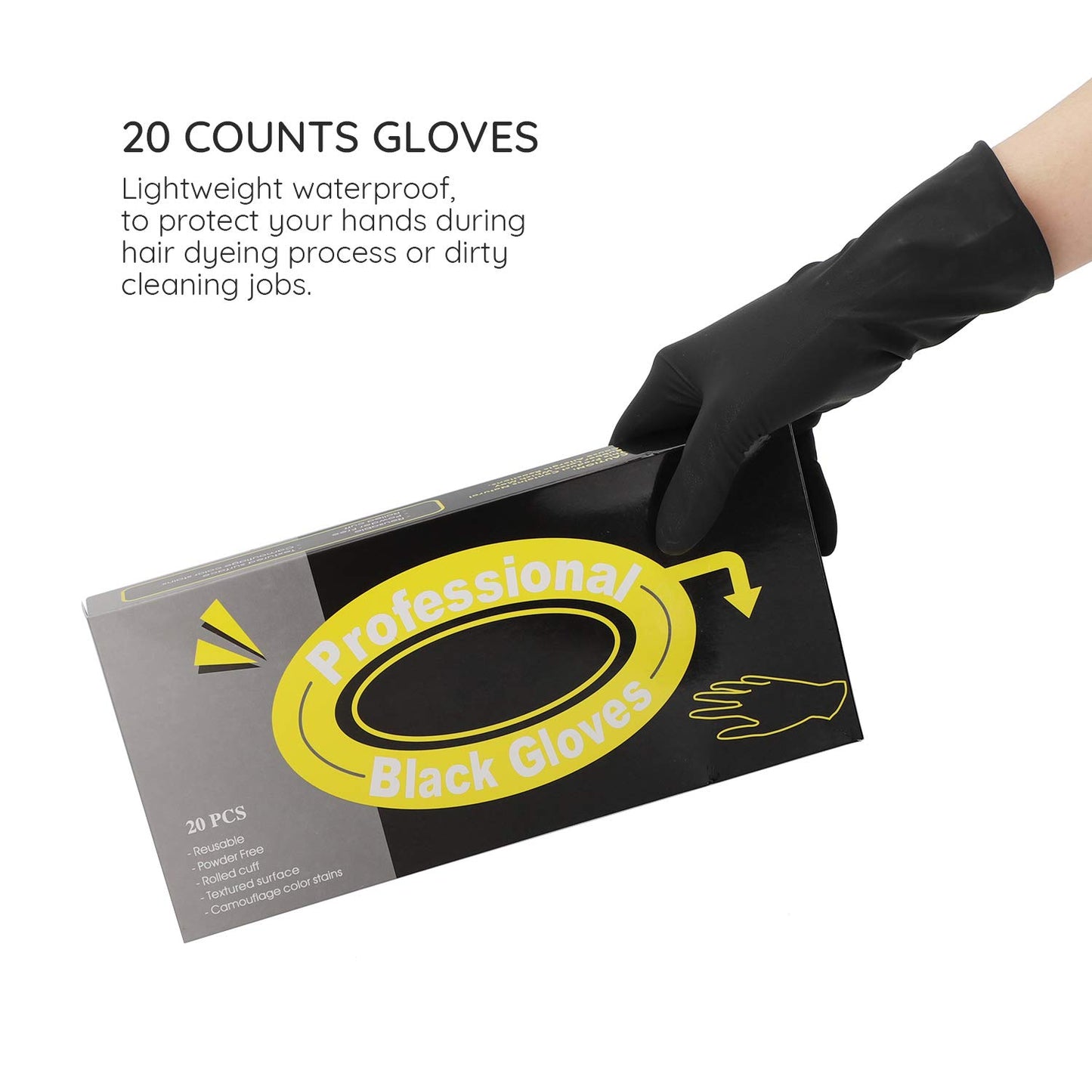 Hair Dye Gloves - 20 Count Black Reusable Rubber Gloves for Professional Hair Coloring | Medium Size