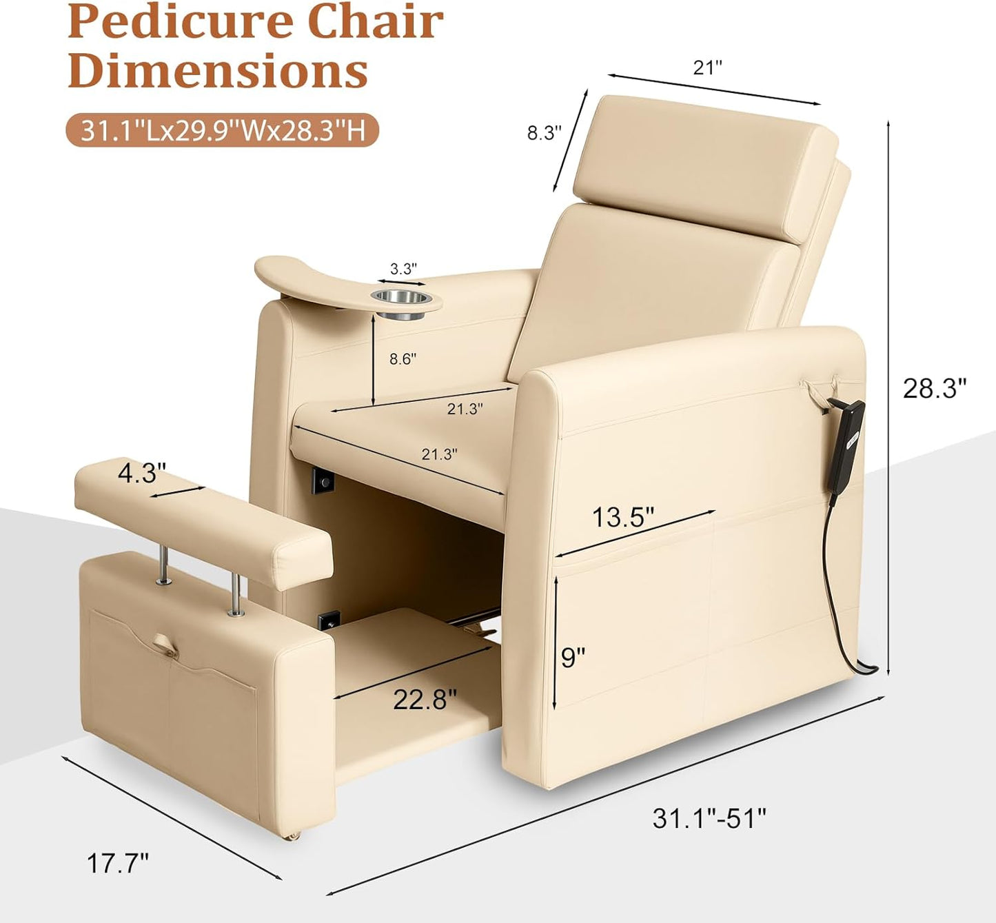 Electric Pedicure Chair - Adjustable Backrest & Movable Cup Holder | Professional Spa Salon Equipment (Bleached Sand)