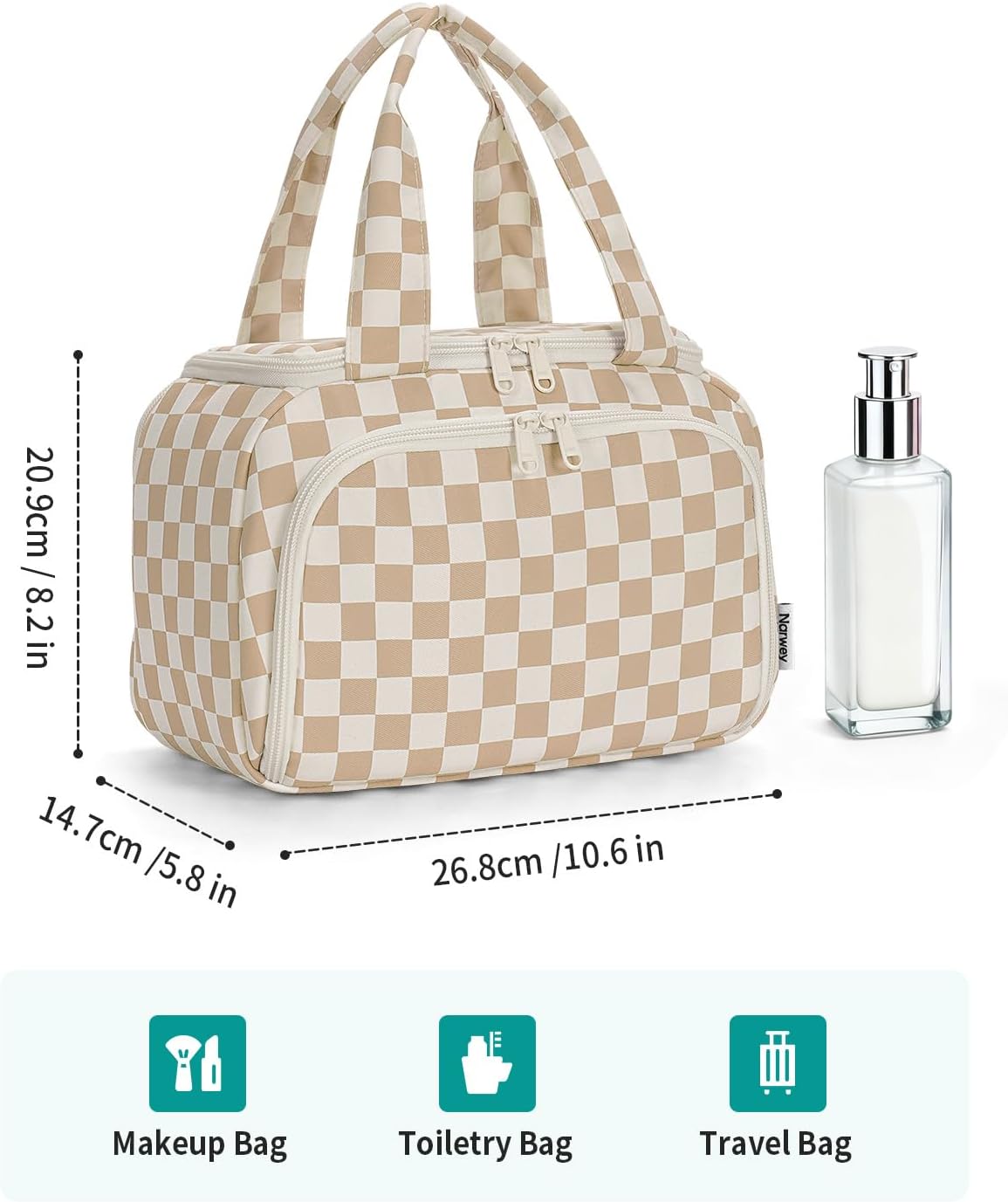 Checkered Travel Toiletry Bag for Women - Large Makeup Organizer with Handle | Light Brown Checkerboard