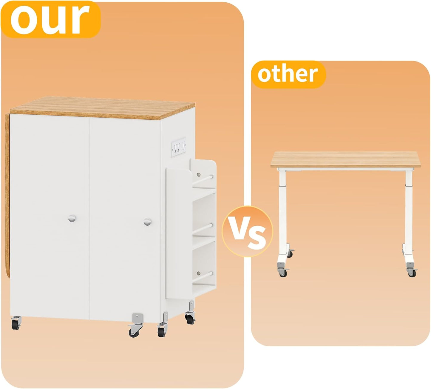 Sewing Table with Storage - Folding Design with Charging Station & Lockable Casters | White