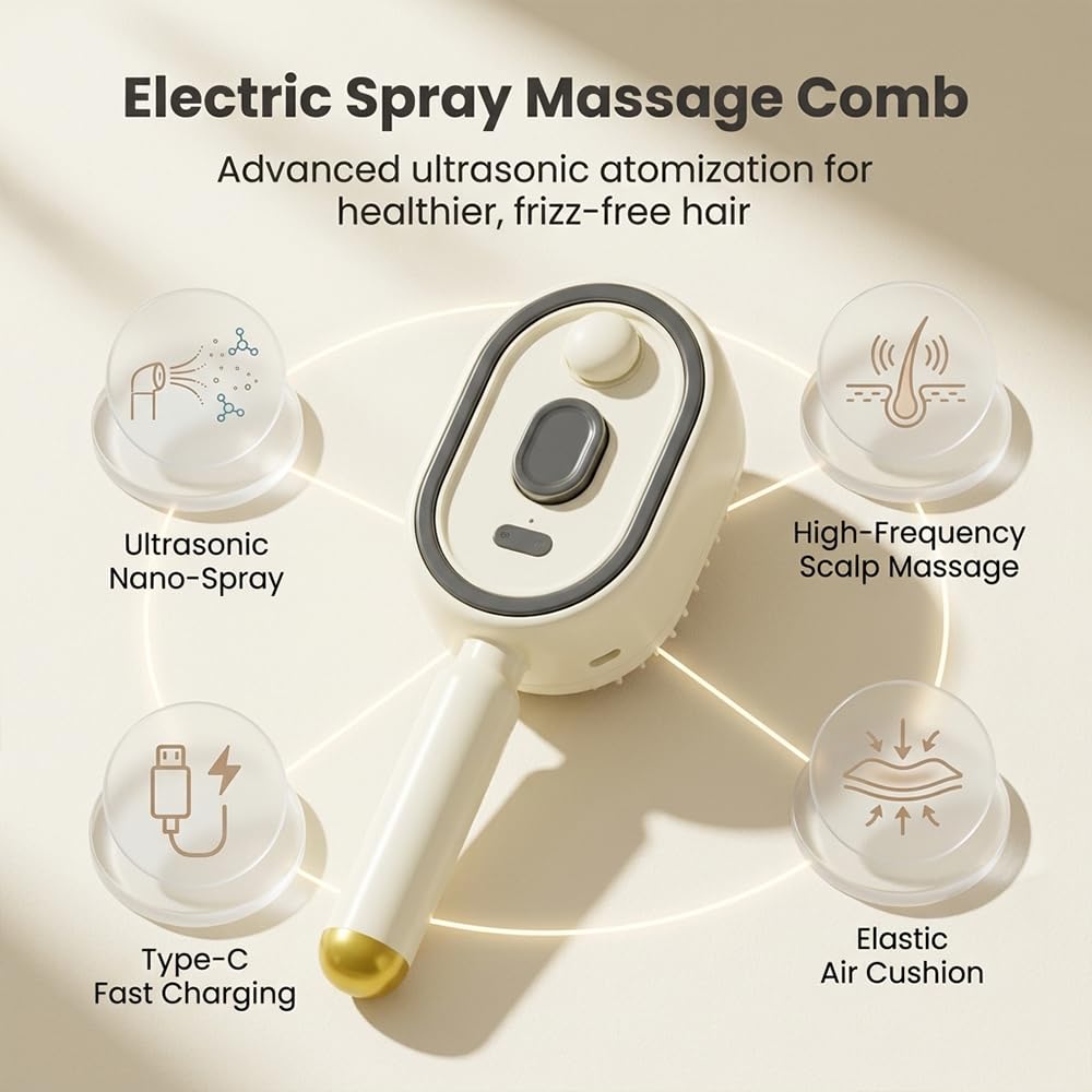 Electric Spray Air Cushion Massage Comb 2026, Red Light Steam Hair Brush with Mist Spray, Portable Hair Steamer, USB Rechargeable, Detangler, Self-Cleaning (1, Purple)
