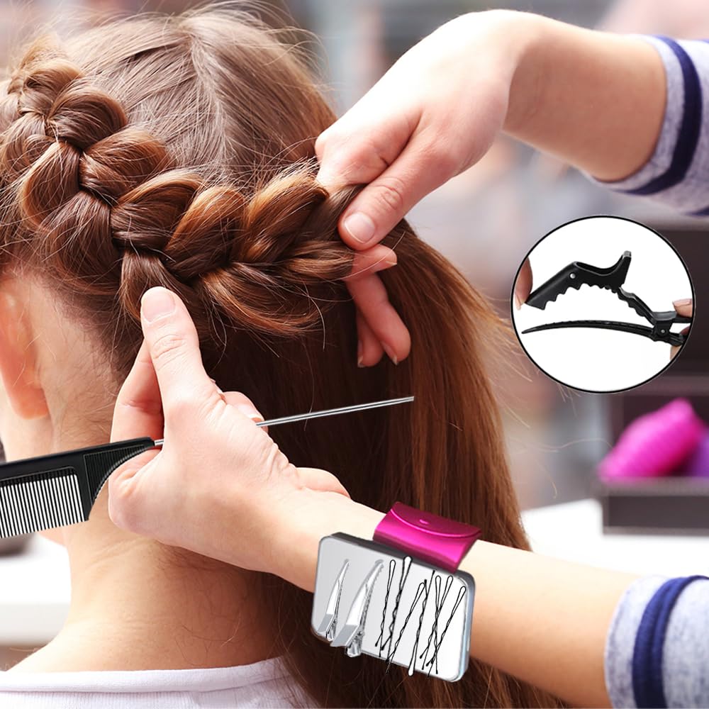 Magnetic Wristband for Hair Stylist, 10 Pieces Hair Braiding Tool with Edge ＆Teasing Brush, Rat Tail Comb ＆Alligator Clip, Braider Wristband for Black Hair, Silicone Sewing Pincushion (Hot Pink)