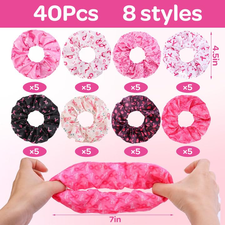 Breast Cancer Awareness Scrunchies - Pack of 40 Pink Hair Ties for Support & Style