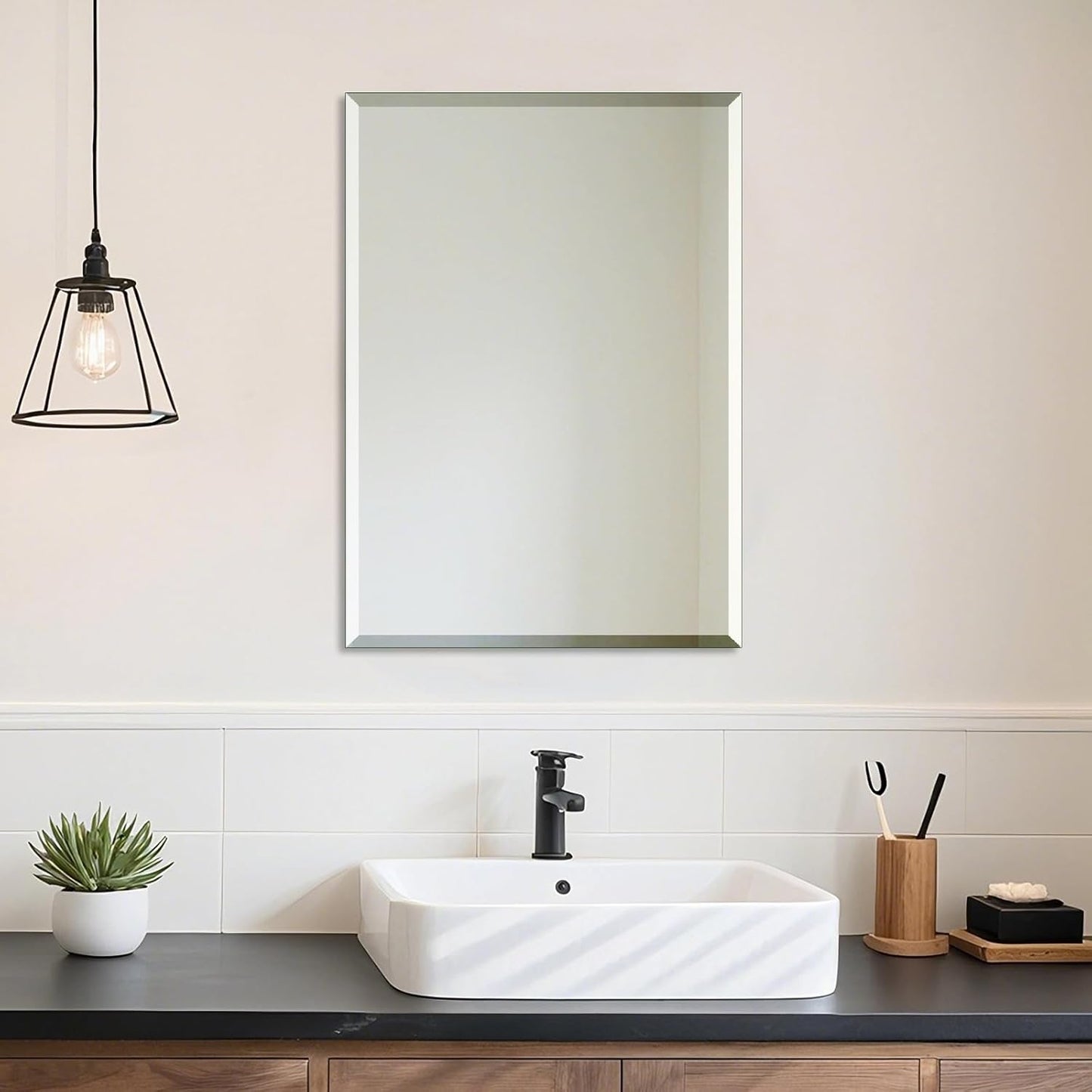 Frameless Bathroom Mirror - Rectangle Beveled Edge, Shatterproof Tempered Glass | 24" x 16" for Versatile Hanging